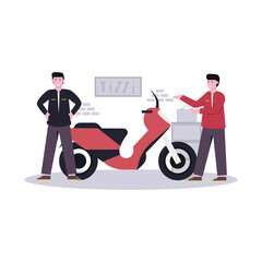 Flat vector illustration of mechanic makes custom motorbikes for his customers in the garage