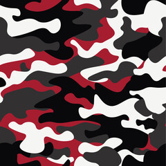 Seamless camouflage pattern background. Classic clothing style masking camo repeat print. Red, white, brown black colors forest texture. Design element. Vector illustration