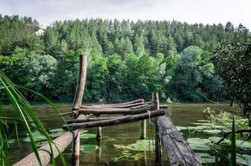 river and green forest on a mountain without people