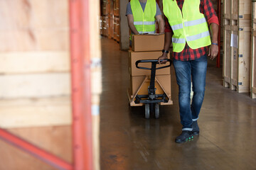 two worker mens pull handling with packing pastel in warehouse.