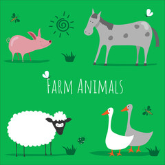 Obraz na płótnie Canvas Vector set of farm animals on a green background. Horse, pig, sheep and geese.
