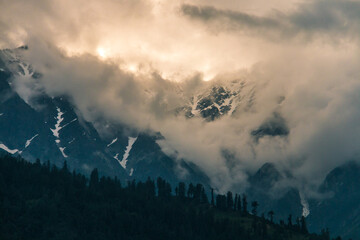 Forest and snow-capped peaks of the Himalayan mountains in gray clouds