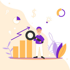 people holding a magnifying glass - marketing analysis in a flat style - illustration for landing page