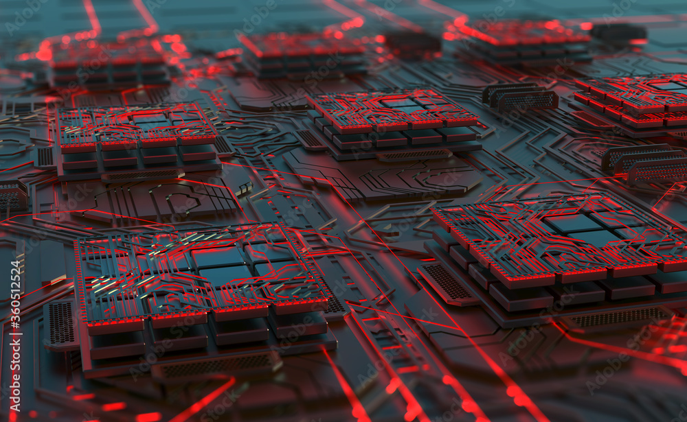 Aufkleber Futuristic data center. Abstract concept of nano processor and high-tech digital element. 3D illustration of a computer circuit and CPU