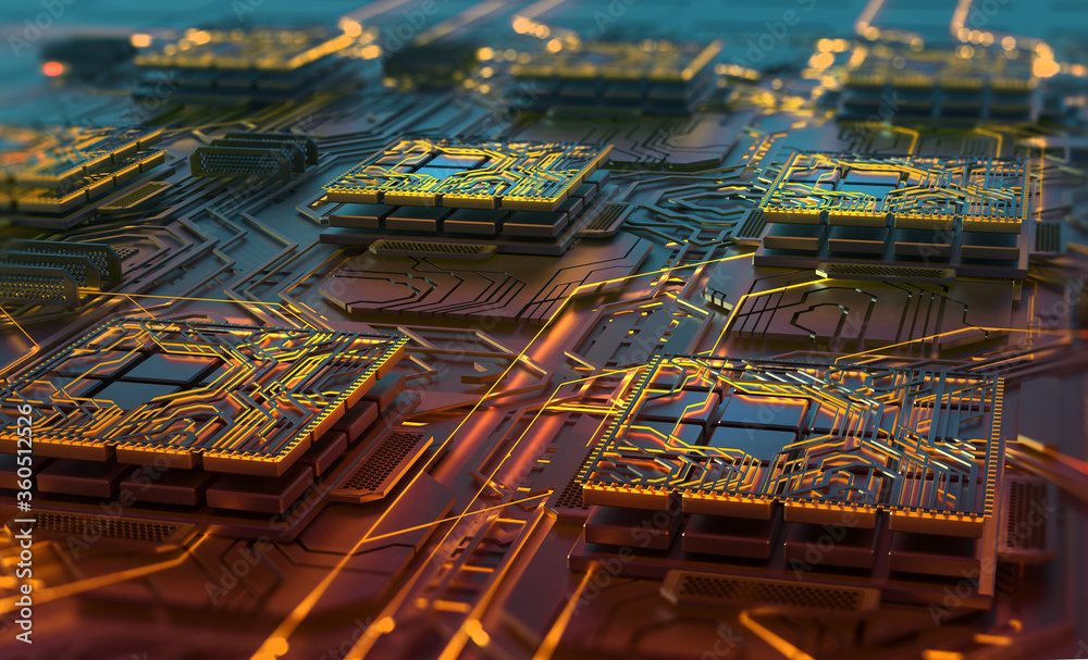 Aufkleber Futuristic data center. Abstract concept of nano processor and high-tech digital element. 3D illustration of a computer circuit and CPU
