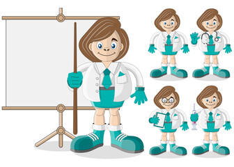 Set of cute doctors. Isolated on white background. Vector illustration.