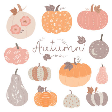 Pretty autumn pumpkins decorated with different designs and pastel colors. Halloween and Thanksgiving vector elements.