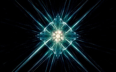 fantastic abstract symmetrical flower with petals consisting of a variety of geometric shapes of different colors on a black background