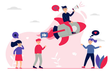 people are driving rocket by holding megaphones - vector digital marketing in flat style - illustration for landing pages