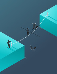 Business risk and professional strategy concept - business people team crossing cross the river on a rope - vertical isometric conceptual illustration for banner or poster