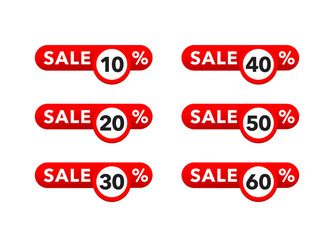 Sale tag set in rounded rectangle form with arrow down and different percentage - 10, 40, 20, 60, 30 and 50 - vector market and store elements 