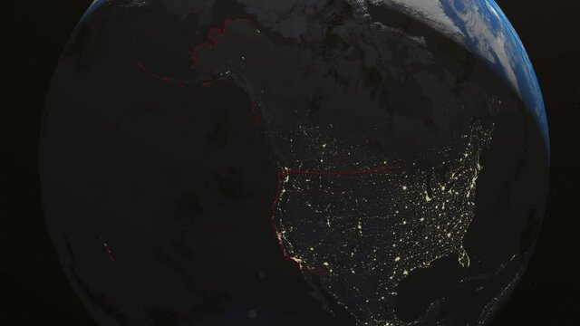 Seamless Looping 3d animated earth showing the boarders of the USA and the state North Carolina at night in 4K resolution