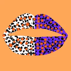 Tuinposter Design for a shirt of a leopard print lips on orange background © Martin