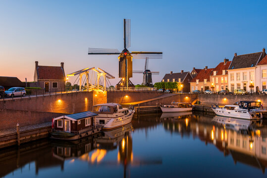 Old Harbor in Heusden Netherlands at Dusk 