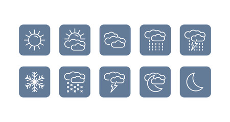 Weather forecast icons set - day, summer, sunny, partially cloudy, clouds, rain, snow, moon (night), thunderstorm and winter (snowflake) - vector signs in outline style
