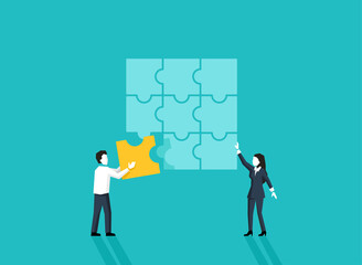 People collect puzzle - vector conceptual illustration of teamwork, co-working, cooperation, optimization and other public working purpose