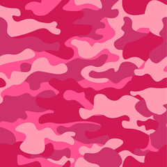 Camouflage seamless pattern background. Classic clothing style masking camo repeat print. Pink orchid rose ruby colors forest texture. Design element. Vector illustration.