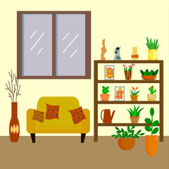 The interior design of the room. Sofa and closet with ornamental plants. Flat style vector illustration.