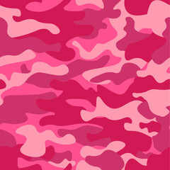 Camouflage seamless pattern background. Classic clothing style masking camo repeat print. Pink orchid rose ruby colors forest texture. Design element. Vector illustration.