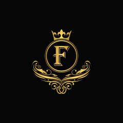 Golden letter F logo Luxury letter with crown.  Monogram alphabet . Beautiful royal initials letter. template logo for design 
