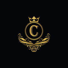 Golden letter C logo Luxury letter with crown.  Monogram alphabet . Beautiful royal initials letter. template logo for design 
