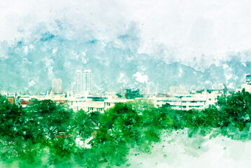 Abstract offices Building in the city on watercolor painting background. City on Digital illustration brush to art.