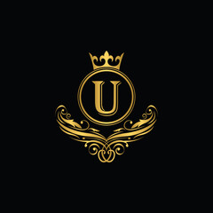Golden letter U logo Luxury letter with crown.  Monogram alphabet . Beautiful royal initials letter. template logo for design 
