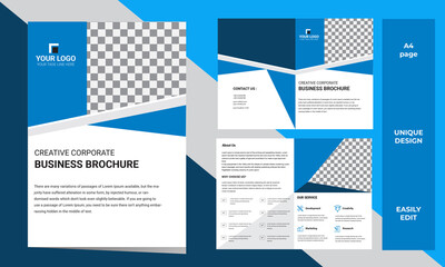 Geometric Elements Blue Colors Business Bi-Fold Brochure Design. Corporate Leaflet, Cover Template