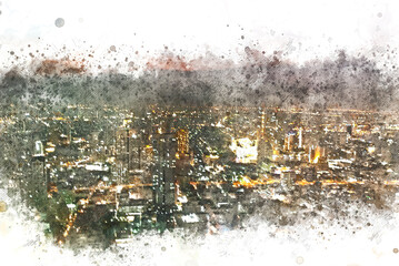 Abstract offices Building in the city on watercolor painting background. City on Digital illustration brush to art.