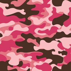 Camouflage seamless pattern background. Classic clothing style masking camo repeat print. Pink orchid rose ruby colors forest texture. Design element. Vector illustration.