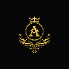 Golden letter A  logo Luxury letter with crown.  Monogram alphabet . Beautiful royal initials letter. template logo for design 
