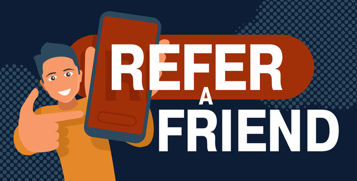 Refer a friend - referral program  banner - picture with young man holding phone and shows to his friends (people icons, avatars) - vector cartoon illustration
