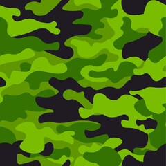 Green camouflage seamless pattern background. Classic clothing style masking camo repeat print. Green, lime, black olive colors forest texture. Design element. Vector illustration.