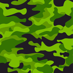 Green camouflage seamless pattern background. Classic clothing style masking camo repeat print. Green, lime, black olive colors forest texture. Design element. Vector illustration.