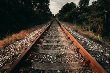 Obraz premium Urbex photo of abandoned, old and damaged train rails in country landscape with blue cloudy sky on background. Train rails crossing dark and old forest in Europe. Vintage photo of rails.