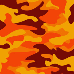 Camouflage pattern background. Classic clothing style masking camo repeat print. Fire orange brown yellow colors forest texture. Design element. Vector illustration.