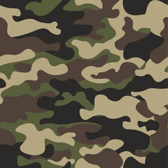 Camouflage seamless pattern background. Classic clothing style masking camo repeat print. Green brown black olive colors forest texture. Design element. Vector illustration.