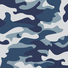 Naklejka premium Camouflage pattern background. Classic clothing style masking camo repeat print. Blue, navy cerulean grey colors forest texture. Design element. Vector illustration.