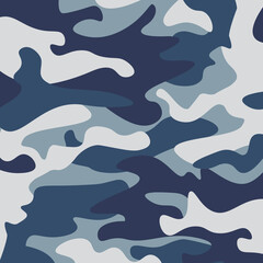Camouflage pattern background. Classic clothing style masking camo repeat print. Blue, navy cerulean grey colors forest texture. Design element. Vector illustration.