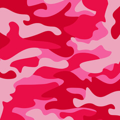 Camouflage pattern background. Classic clothing style masking camo repeat print. Pink orchid rose ruby colors forest texture. Design element. Vector illustration.