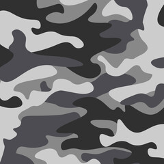 Camouflage pattern background. Classic clothing style masking camo repeat print. Black grey white colors winter ice texture. Design element. Vector illustration. - obrazy, fototapety, plakaty
