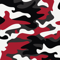 Camouflage pattern background. Classic clothing style masking camo repeat print. Red white black colors forest texture. Design element. Vector illustration.