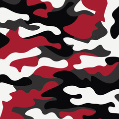 Camouflage pattern background. Classic clothing style masking camo repeat print. Red white black colors forest texture. Design element. Vector illustration.