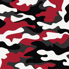 Camouflage pattern background. Classic clothing style masking camo repeat print. Red white black colors forest texture. Design element. Vector illustration. - obrazy, fototapety, plakaty