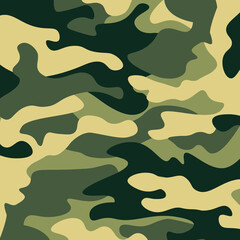 Fototapeta premium Camouflage pattern background. Classic clothing style masking camo repeat print. Green brown black olive colors forest texture. Design element. Vector illustration.