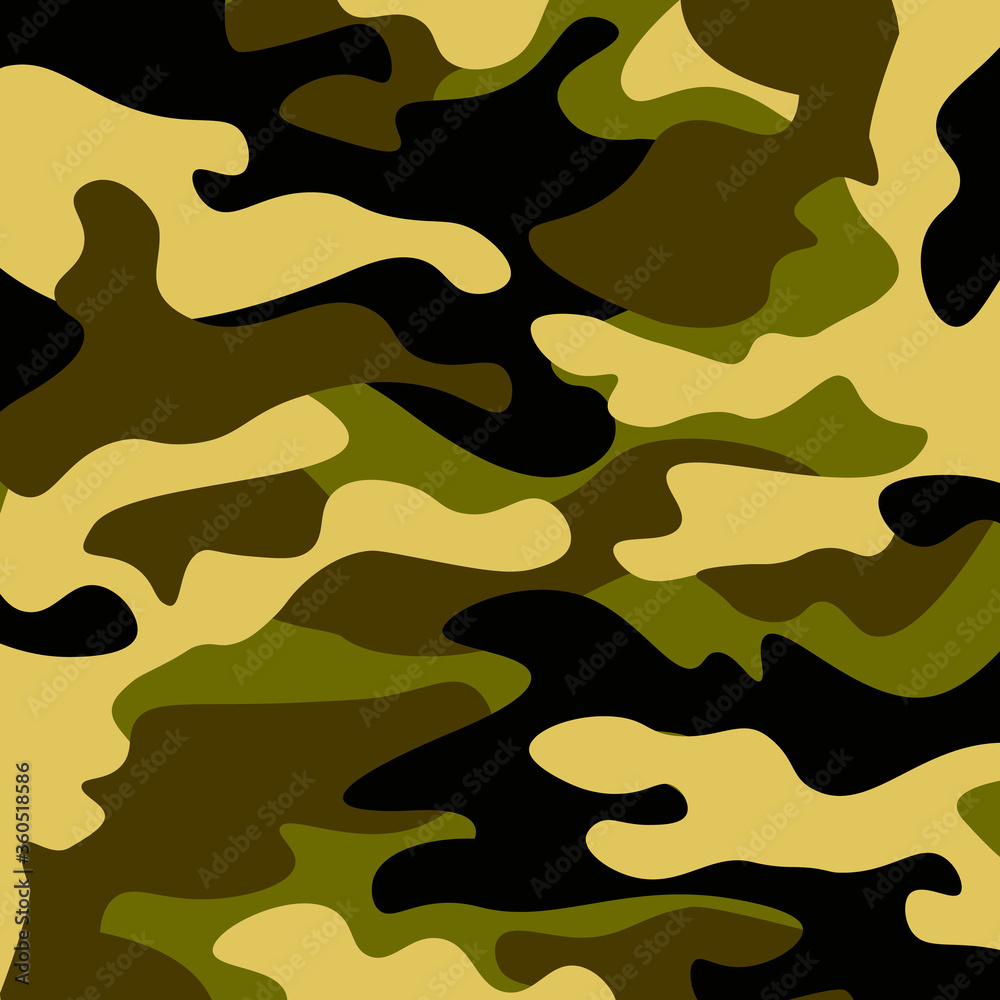 Wall mural Camouflage pattern background. Classic clothing style masking camo repeat print. Green brown black olive colors forest texture. Design element. Vector illustration. - Wall murals