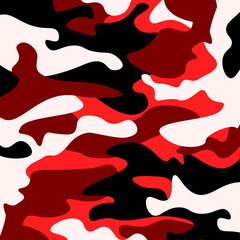 Fototapeta premium Camouflage pattern background. Classic clothing style masking camo repeat print. Red, white, brown black colors forest texture. Design element. Vector illustration.