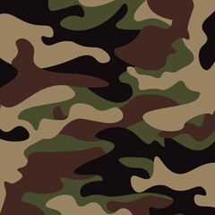 Fototapeta premium Camouflage pattern background. Classic clothing style masking camo repeat print. Green brown black olive colors forest texture. Design element. Vector illustration.