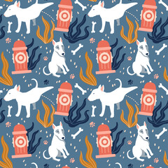 Seamless cartoon dogs pattern with fire hydrant, bones, footprint and leaves. Stylish vector illustration with funny bull terriers for prints, textile, fabric, background