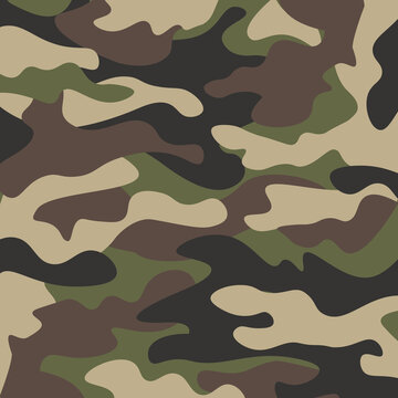Camouflage pattern background. Classic clothing style masking camo repeat print. Green brown black olive colors forest texture. Design element. Vector illustration.